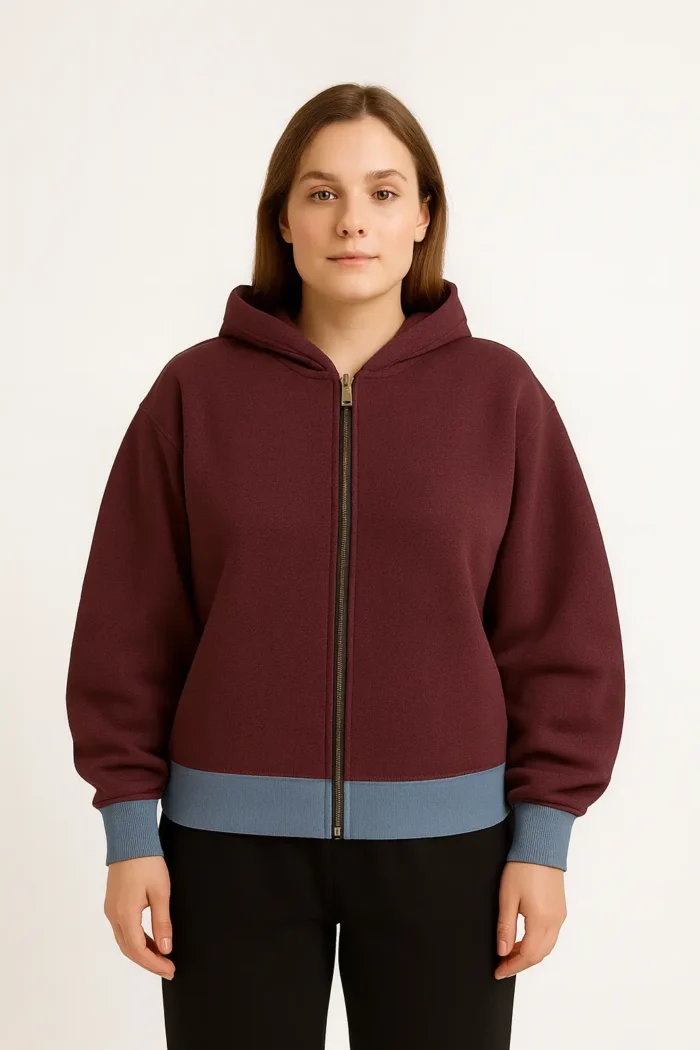 Oversized Maroon Zip-Up Hoodie with Grey Hem  The Executive Apparel Ltd