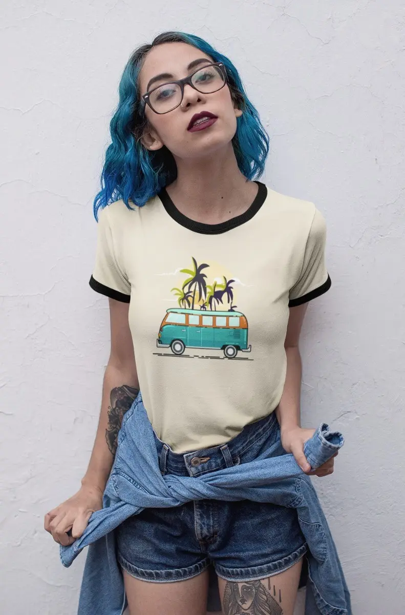 Womens-Printed-Tee-–-Beach-Van-Palm-Tree-Illustration-1.webp Women’s Printed Tee – Beach Van & Palm Tree Illustration - Image 1